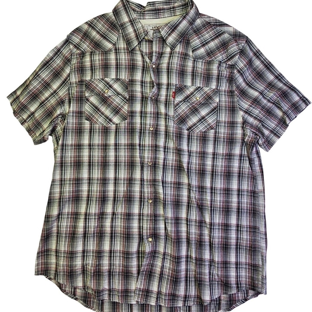 Levis Mens XXL Short Sleeve Plaid Western Pearl Snap Shirt Grey Burgundy‎ Cotton